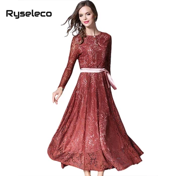 Ryseleco Visiškai Naujas Elegantiškas Moteris, O-Kaklo Mygtukus Maxi Nėrinių Suknelės Gėlių Nėrinių Tuščiaviduriai Didelis Sūpynės Atsitiktinis Šalis Kokybės Vestidos