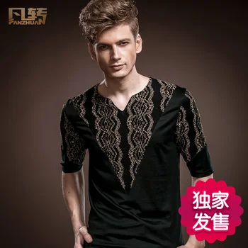 FanZhuan nemokamas pristatymas Naujos mados atsitiktinis vyrų vyrų vasaros 2017 pusė rankovėmis asmenybės nėrinių marškinėliai 14505 palace juoda medvilnė