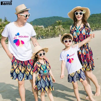 Famli Tėvo Sūnus Atitikimo marškinėliai+trumpas Vasaros Komplektus Šeimos Motina Dukra Matchy Spausdinti Bohemijos Paplūdimio Atostogų Suknelė