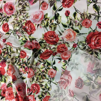 110cm pločio 22mm šilko audinys raudona rožė spausdinti ištempti šilko satino audinio suknelė marškiniai, drabužiai cheongsam didmeninė šilko audinio