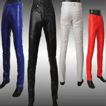 2018 mens stora odinės kelnės vyrų plonas liesas ziajać vyriškos odinės kelnės, vyriški drabužiai, laisvalaikio odinės kelnės mados raudona mėlyna