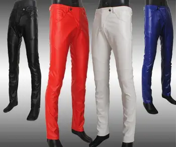 2018 mens stora odinės kelnės vyrų plonas liesas ziajać vyriškos odinės kelnės, vyriški drabužiai, laisvalaikio odinės kelnės mados raudona mėlyna
