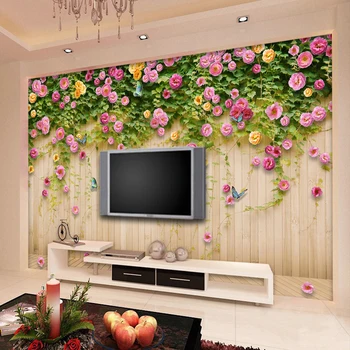 Custom Sienų Tapetai Žaliųjų Vynuogių Drugelis Rožių Gėlių, Medienos Lentos Fone Apdailos Tapybos Freskos Kambarį TV tapetų