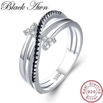 [BLACK PELAS] Hiperbolė 3g 925 Sterlingas Sidabro Fine Jewelry Bague Eilės Juoda Spinel Lapų Vestuvinį Žiedą, Moterims G005