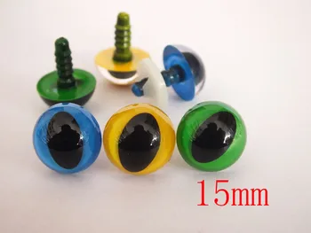 60pcs 15 mm mišrios spalvos (mėlyna/geltona/žalia) plastiko žaislų saugos katės akis, su tarpinėmis, Kiekvienos spalvos po 20 VNT.