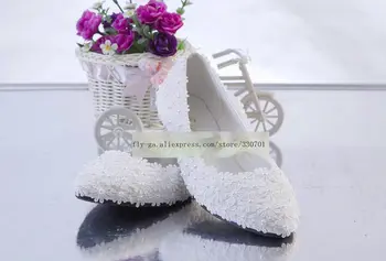 Baltos spalvos nėrinių juostos vestuvių batai moters rankų darbo perlai moterų balta nuotakos butai, batai TG1083 moters vestuves nėriniai batų