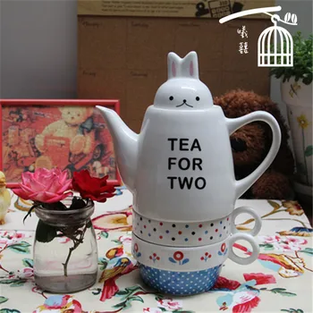 Mielas Mažas triušis galvos dangtelis, arbata du keramikos arbatinukas su 2 puodelio Laisvalaikio anglų popietės arbata nustatyti 3 sutapimas taurės puodą kostiumas