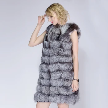 Žiemos Sidabrinės Lapės Kailio Liemenė Nekilnojamojo Silver fox Fur Coat Pobūdžio Kailio Liemenė Juostele Vidutinio ilgio Liemenė Atsitiktinis Mados Moterims