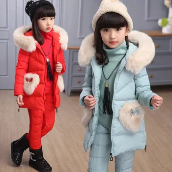 2017 naujas Žiemos vaikų drabužių rinkiniai 3 vnt merginos Šiltas parko žemyn striukė mergaitei drabužius vaikams kailis sniego drabužiai vaikams, kombinezonas