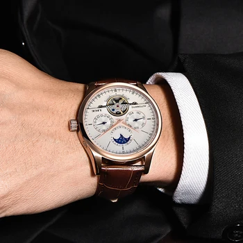 LIGE Vyrų laikrodžiai Automatinis mechaninis laikrodis tourbillon Sporto laikrodis, odiniai Laisvalaikio verslo Laikrodžius, Aukso relojes hombre