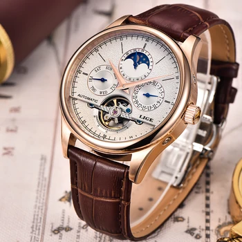 LIGE Vyrų laikrodžiai Automatinis mechaninis laikrodis tourbillon Sporto laikrodis, odiniai Laisvalaikio verslo Laikrodžius, Aukso relojes hombre