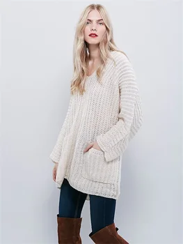 2018 naują atvykimo mados laisvi megztiniai moterų ilgomis rankovėmis su kišenėje v-kaklo ilgi megztiniai V-kaklo atsitiktinis boho puloveriai