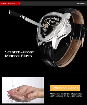 2016 Nugalėtojas vyrų trikampis automatinė savarankiškai vėjo mechaniniai laikrodžiai, vyriški sportiniai mados karinės skeletas laikrodžiai odos juosta