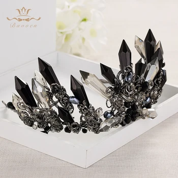 Bavoen Rankų Darbo Prabangūs Juoda Baroko Stiliaus Nuotakos Crystal Crown Tiara Headpieces Vakare Plaukų Aksesuarai