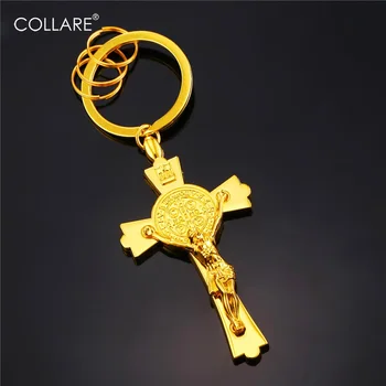 Collare Key Chain INRI Koplytstulpis Kryžiaus Aukso/Juoda Spalvos Raktų pakabukas Kryžius St Benedict Medalis Raktų Pakabukas Didmeninė Raktų pakabukai K105