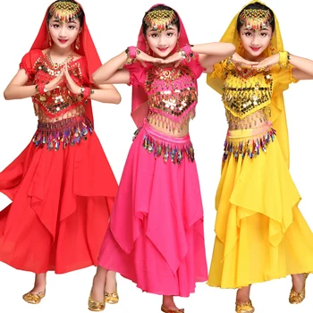 Vaikai pilvo šokis-4 vnt. (top+dress+diržas+vertus grandinės) Vaikų Mergaičių Rytų Dancingd Suknelė Rožė Raudona Geltona Mėlyna Pilvo Šokių suknelė