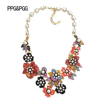PPG&PGG Prekės Boho Stiliaus Spalvotų Gėlių Imituojamas Perlų Karoliai Prabanga Choker Maxi Pareiškimą, Kristalų, Papuošalų