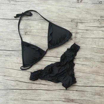 2018 Moterų Black Flouncing Trikampis Bikini Rinkinys Sexy paslaptis Iškirpti maudymosi Kostiumėliai maudymosi kostiumėlį Brazilijos Vasaros Paplūdimio Kostiumas