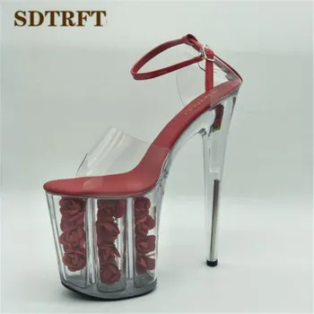 SDTRFT batus moteris Plus:35-45 46 Vasarą naujų ponios kristalų Gėlių platformos Basutės 20cm ploni aukšti kulniukai seksualus vestuvių siurbliai