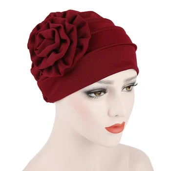 Mados Medvilnės vientisa spalva pusėje aplikacijos flower skara skrybėlę Musulmonų galvos skrybėlę bžūp moterims po gimdymo šiltą kepurę Turbaną Galvos Dangtelis