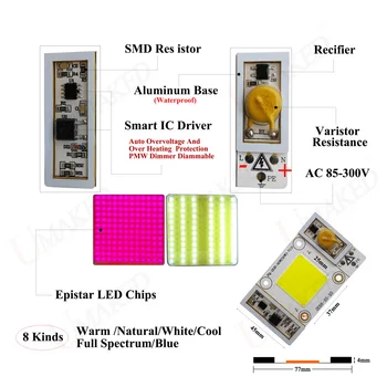 High Power LED Chip Augti šviesos 30W50W AC110/220V COB kamuolys Visiškai Spectrum380-840nm/Blue440nm be mašinistų valdoma Šviesos granulių už Augti žiburiai