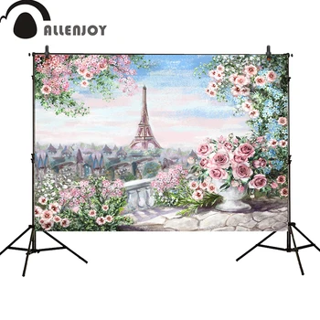 Allenjoy fotografijos fonas spalvinga Pavasario Paryžiaus Eifelio Bokštas, pink Gėlių aliejaus tapybai photocall vestuvių fone