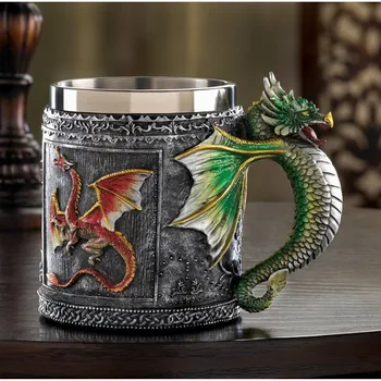 3D Dragon Puodelis Maišytuvas Taurės Dvigubos Sienelės, Nerūdijančio Plieno Canecas Kavos Puodelio, Puodelis Naujovė Viduramžių-Dvigubos Sienelės iš Nerūdijančio Plieno (00353)