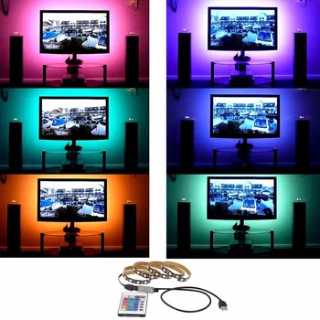USB 5V 1M 2M 3M 4M 5M LED Juosta RGB Šviesos TV Atgal Apšvietimo Komplektas + RF Nuotolinio valdymo pultelis/24 Pagrindinių Nuotolinio 5050 SMD Lanksti RGB Šviesos