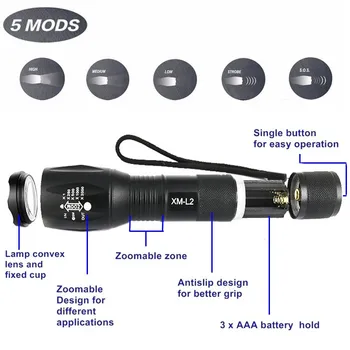 ANJOET A100 LED Žibintuvėlis XM-L2 XML T6 Aliuminio Fakelas Zoomable LED Žibintuvėlis Lempa 3XAAA arba 18650 Baterija