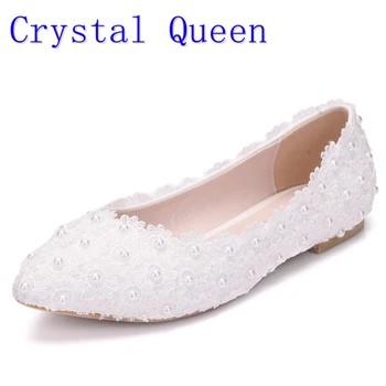 Crystal Karalienė Balta Nėrinių Perlai Moterų Vestuvių Batai Butas Kulnas Laisvalaikio Bateliai Ponios Šalis Suknelė Bateliai Smailiomis Pirštai Dydis 42