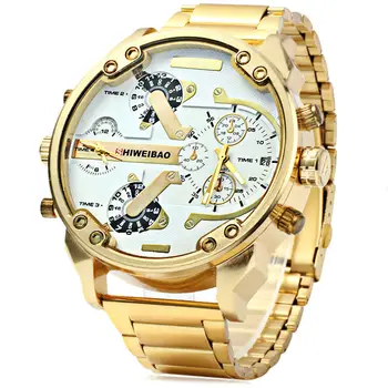 Prekės Shiweibao Mens Kvarciniai Laikrodžiai Vyrams Golden Plieno Watchband Dvejopo Laiko Zonų Kariniai Laikrodžiai Sporto Relogio Masculino Naujas
