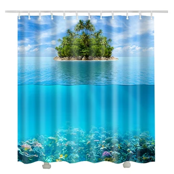 Jūros bangos paplūdimyje vonios užuolaidų, dušo užuolaidos kokoso medžio spausdinti cortina de banheiro 3d dušo užuolaidos jūros