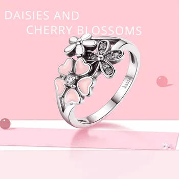 925 Sterlingas Sidabro Poetinės Daisy Vyšnių Žiedai, Vestuvių Žiedai Suderinamas Su Originaliu Žiedas Papuošalai Meilužio Dovana DXR004