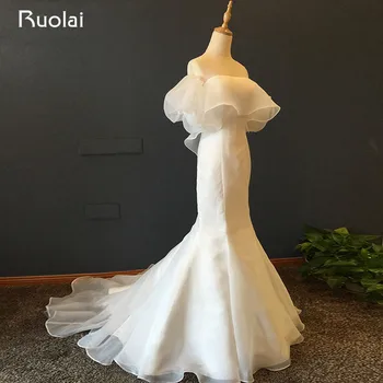 Paprasta Vestido De Noiva Elegantiška Nuotakos Suknelė Sluoksniuotos Rankovėmis Organza Ilgai Undinė Vestuvių Suknelė iki 2017 m. Nėriniai Atgal ASAF07