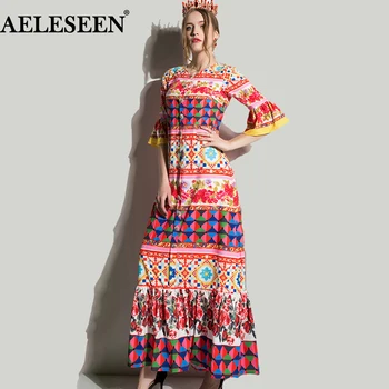Europos Naujų Suknelių Mados Aukštos Kokybės Rožių Spausdinti V-Kaklo Derliaus 2017 Moterų Pavasario Undinė Maxi Ilga Suknelė Blyksnius Rankovės