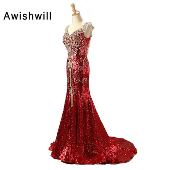 Custom Prabanga Raudona Ilgai China Suknelė Chalatas de Soiree Femme V-kaklo Kristalų Lentjuostės Undinė Ilgas Šalis, Chalatai Dubajus Vakaro Suknelės