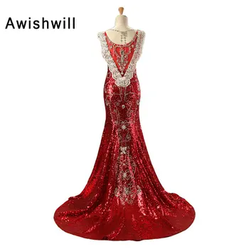 Custom Prabanga Raudona Ilgai China Suknelė Chalatas de Soiree Femme V-kaklo Kristalų Lentjuostės Undinė Ilgas Šalis, Chalatai Dubajus Vakaro Suknelės