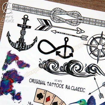 Atsparus vandeniui laikina tatuiruotė lipdukas Didelis didelis Juodas tatuagem Taty Kūno Menas Inkaro kompasas Visame Pasaulyje Blizgučiai, Tatuiruotė Lipdukas