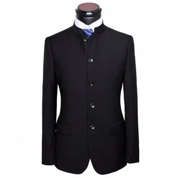 HB028 Naujausius Dizaino Stiliaus Jaunikis kostiumai Nuolatinis Apykaklės Tuxedos juoda Mandarinų apykaklės Vyrų Vestuvių kostiumai Vakarienė Kostiumai, striukė+kelnės