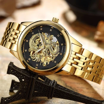 Prabangos Prekės Dragon Skeletas Automatinis Mechaninis laikrodis Vyrams, Laikrodis Nerūdijančio Plieno, Juodojo Aukso Laikrodis atsparus Vandeniui Vyrų relogio