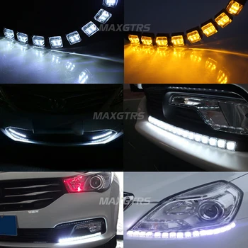 2x LED 16 Automobilių Optikos Šviesos važiavimui Dieną Drl Lanksti LED Juostelė Automobilio Rūko Su Permainingi Balta+Geltona/Gintarinė Posūkio Signalo Lemputė