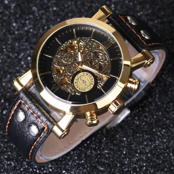 Nugalėtojas Automatinis Laikrodis Mens Watch Top Brand Prabanga Aukso Atveju Mados Debesys Tuščiaviduriai Skeletas Natūralios Odos Dirželis Laikrodis
