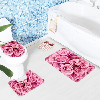 3pcs Vonios Kilimėlis Nustatyti Rausvos Rožės Modelis Vonios Kilimėlis Anti-Slip Dušas Kilimėlis ir Tualeto Kilimėlis Vonios kambarys Produktus