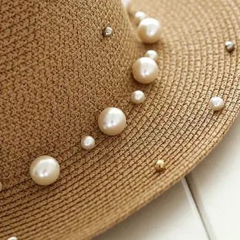 Vasarą Britų pearl duobute butas kraštais šiaudų skrybėlę Ant saulės, skrybėlę, Ponia, mados paplūdimio skrybėlę Džiazo skrybėlę