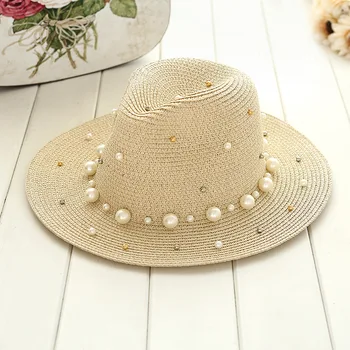 Vasarą Britų pearl duobute butas kraštais šiaudų skrybėlę Ant saulės, skrybėlę, Ponia, mados paplūdimio skrybėlę Džiazo skrybėlę