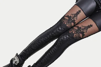 Juoda Legins Punk, Gothic Mados Moterų Antblauzdžiai Seksuali PU Odos Siūlės Siuvinėjimo Tuščiaviduriai Nėrinių Legging Moterų Leggins