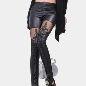 Juoda Legins Punk, Gothic Mados Moterų Antblauzdžiai Seksuali PU Odos Siūlės Siuvinėjimo Tuščiaviduriai Nėrinių Legging Moterų Leggins