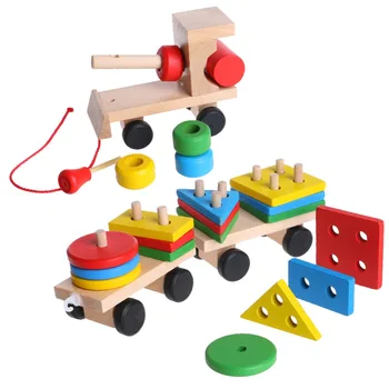 Vaikų Vystymosi Kūdikių Žaislai, Mediniai Traukinio Sunkvežimių Geometrijos Blokai Švietimo Žaislas