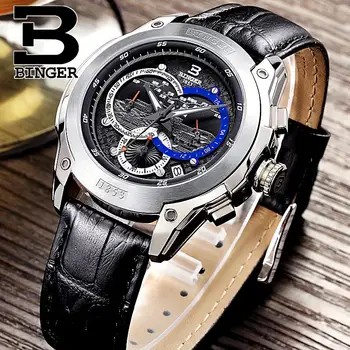 Šveicarija, laikrodžių vyrams prabangos prekės ženklo Laikrodžius BINGER Kvarco vyriški žiūrėti odinis dirželis Chronograph Naras glowwatch B6013-6
