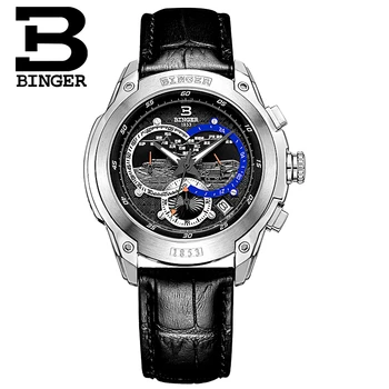 Šveicarija, laikrodžių vyrams prabangos prekės ženklo Laikrodžius BINGER Kvarco vyriški žiūrėti odinis dirželis Chronograph Naras glowwatch B6013-6